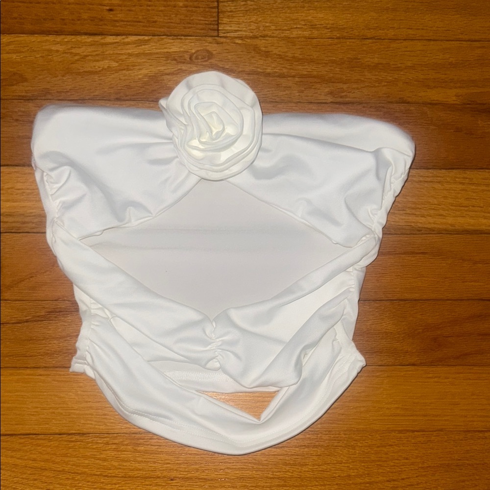 White Ruched Blouse with Flutter Sleeves and Cut Out